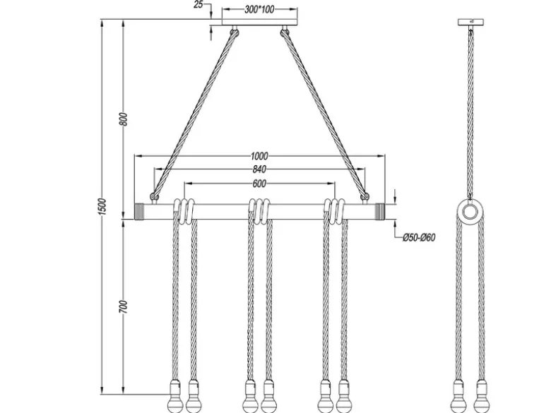 Holzbalken Pendelleuchte WILMA 6-flammig mit Bambusrohr & Tau, Breite 100cm