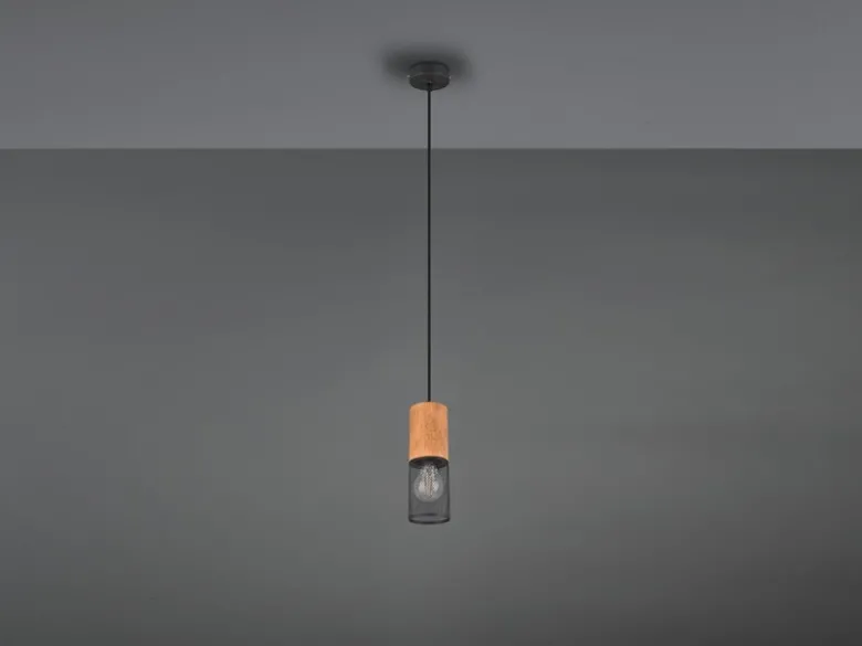Industrial LED Pendellampe mit Drahtkorb Schwarz matt und Holzfassung, Ø 10cm