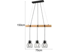 Industrial Pendelleuchte IONA 3-flammig Metall Schwarz mit Holzbalken, B: 75cm