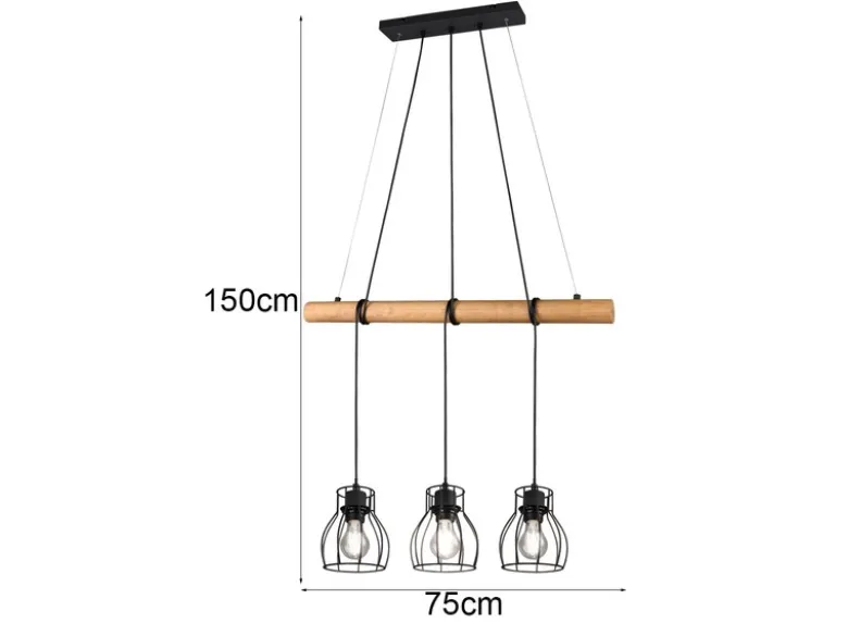 Industrial Pendelleuchte IONA 3-flammig Metall Schwarz mit Holzbalken, B: 75cm