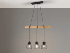 Industrial Pendelleuchte IONA 3-flammig Metall Schwarz mit Holzbalken, B: 75cm