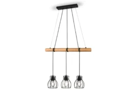 Industrial Pendelleuchte IONA 3-flammig Metall Schwarz mit Holzbalken, B: 75cm