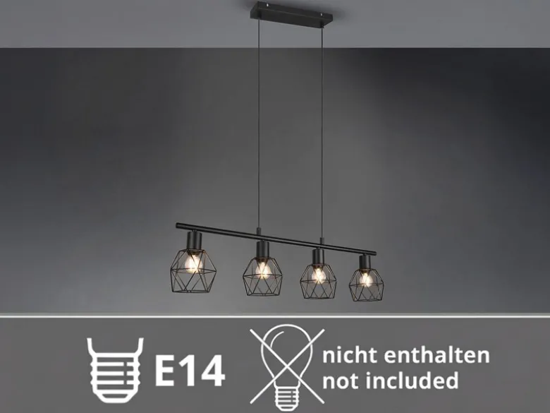 Industrial Pendelleuchte NARDA 4-flammig Metall Schwarz, Breite 75cm