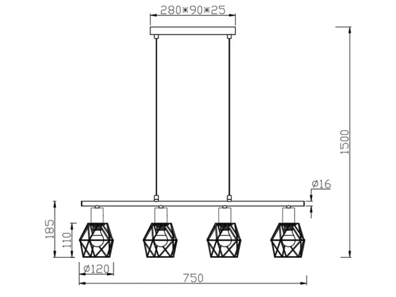 Industrial Pendelleuchte NARDA 4-flammig Metall Schwarz, Breite 75cm