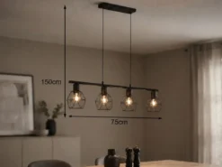 Industrial Pendelleuchte NARDA 4-flammig Metall Schwarz, Breite 75cm