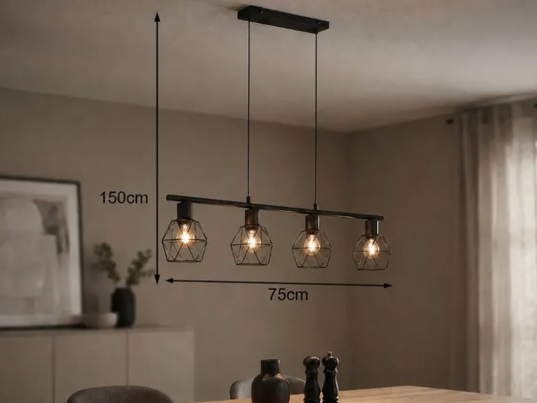Industrial Pendelleuchte NARDA 4-flammig Metall Schwarz, Breite 75cm