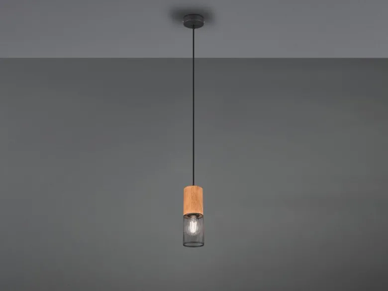 Industrial Pendelleuchte TOSH Drahtkorb Schwarz mit Holz, Ø 10cm