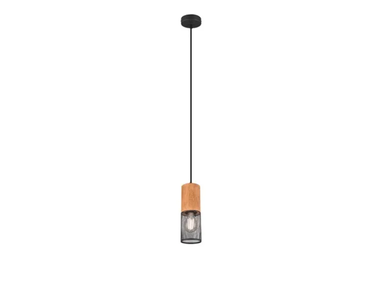 Industrial Pendelleuchte TOSH Drahtkorb Schwarz mit Holz, Ø 10cm
