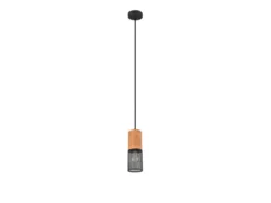 Industrial Pendelleuchte TOSH Drahtkorb Schwarz mit Holz, Ø 10cm