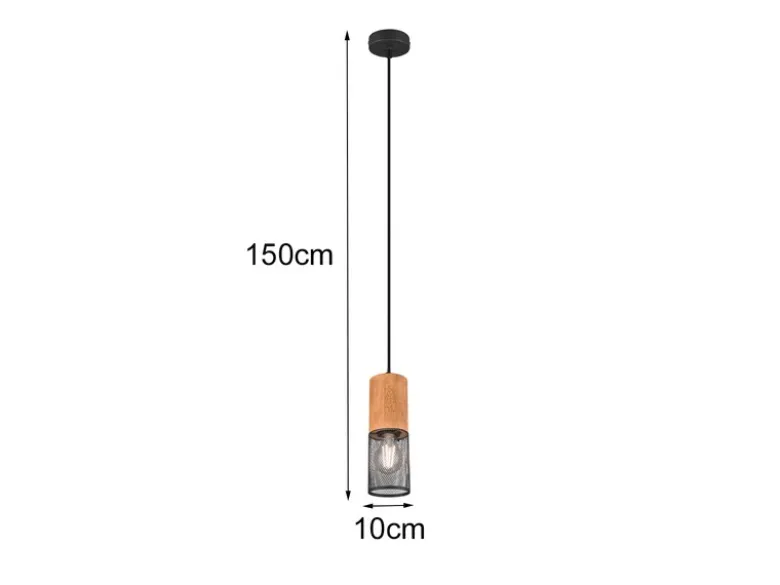Industrial Pendelleuchte TOSH Drahtkorb Schwarz mit Holz, Ø 10cm