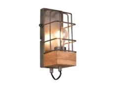 Industrial Wandlampe TINCO 1-flammig mit Gitter und Holz, Höhe 22,5cm