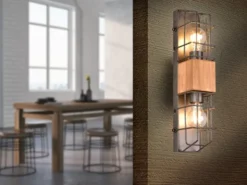 Industrial Wandlampe TINCO 2-flammig mit Gitter und Holz, Höhe 45cm