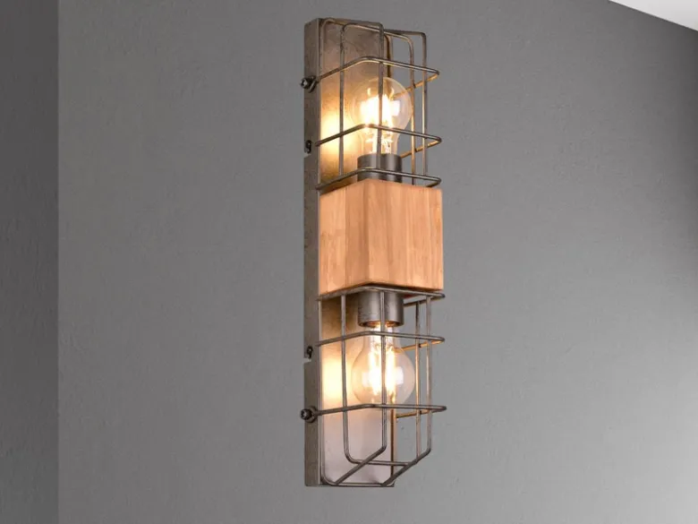 Industrial Wandlampe TINCO 2-flammig mit Gitter und Holz, Höhe 45cm