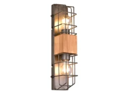 Industrial Wandlampe TINCO 2-flammig mit Gitter und Holz, Höhe 45cm