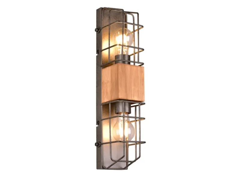 Industrial Wandlampe TINCO 2-flammig mit Gitter und Holz, Höhe 45cm