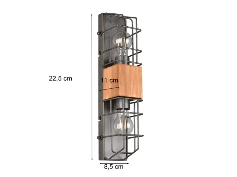 Industrial Wandlampe TINCO 2-flammig mit Gitter und Holz, Höhe 45cm