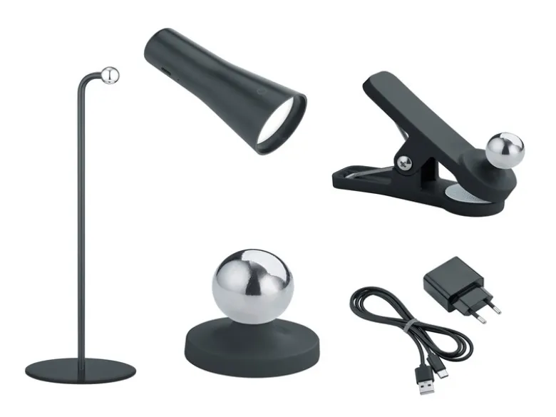 3 in 1 LED Akku Tischleuchte MAXI mit Klemm- & Klebestation, Schwarz H: 36cm