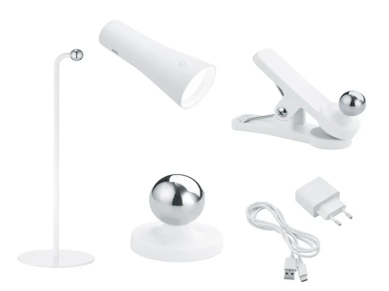 3 in 1 LED Akku Tischleuchte MAXI mit Klemm- & Klebestation, Weiß H: 36cm