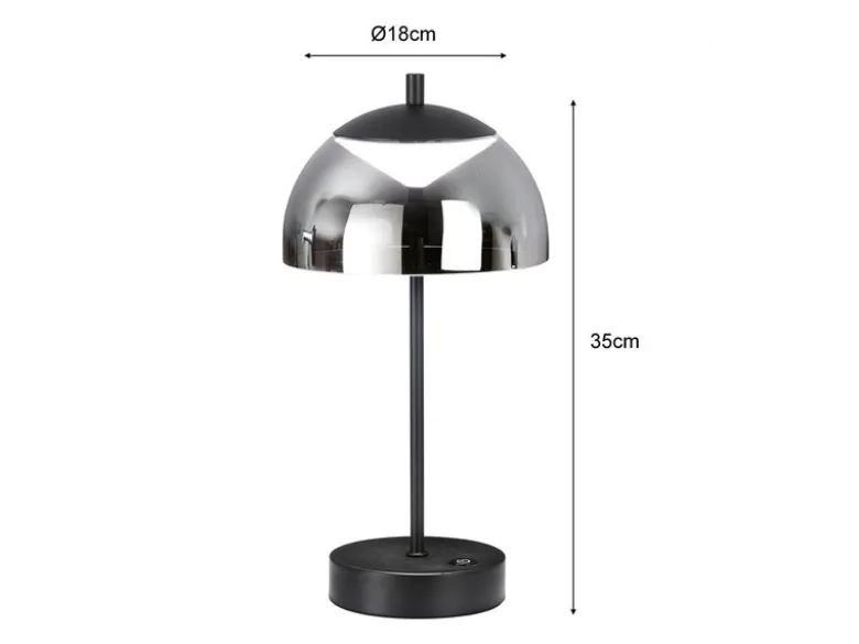 Kabellose Akku Tischleuchte RIVA Schwarz / Rauchglas dimmbar, Höhe 35cm