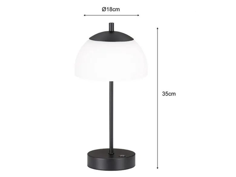 Kabellose Akku Tischleuchte RIVA Schwarz / Opalglas dimmbar, Höhe 35cm