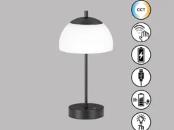 Kabellose Akku Tischleuchte RIVA Schwarz / Opalglas dimmbar, Höhe 35cm