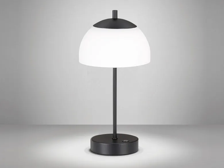 Kabellose Akku Tischleuchte RIVA Schwarz / Opalglas dimmbar, Höhe 35cm