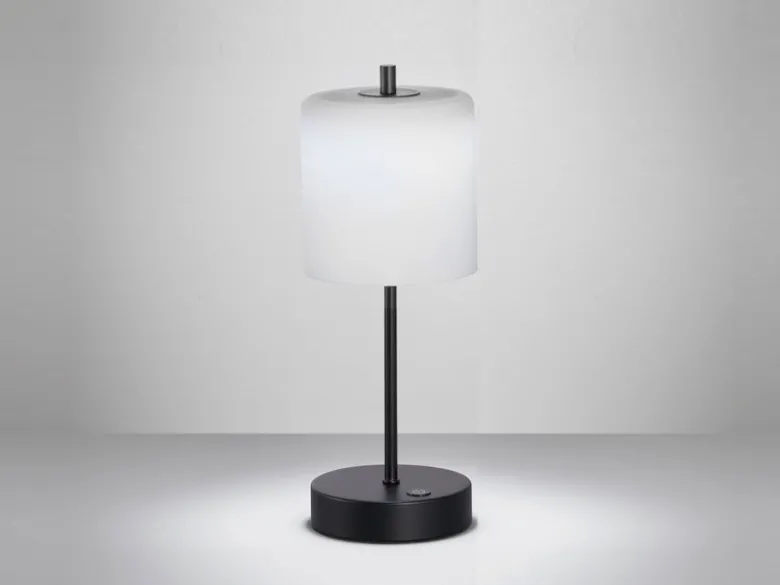 Kabellose Akku Tischleuchte RIVA Schwarz / Opalglas dimmbar, Höhe 34,5cm