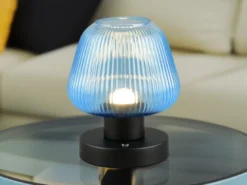 Kabellose LED Akku Tischleuchte QUENYA Glasschirm Blau, Höhe 18cm