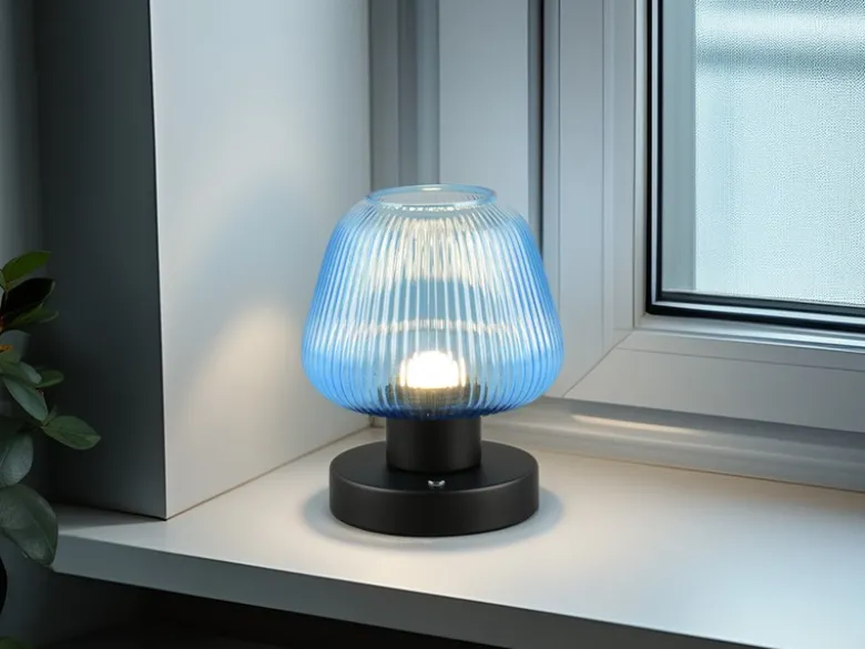 Kabellose LED Akku Tischleuchte QUENYA Glasschirm Blau, Höhe 18cm