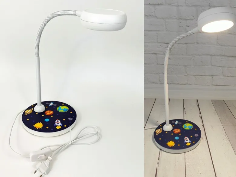 Kinder Schreibtischleuchte Weiß WELTALL Motive, Flexarm & LED-Leuchtmittel, 43cm