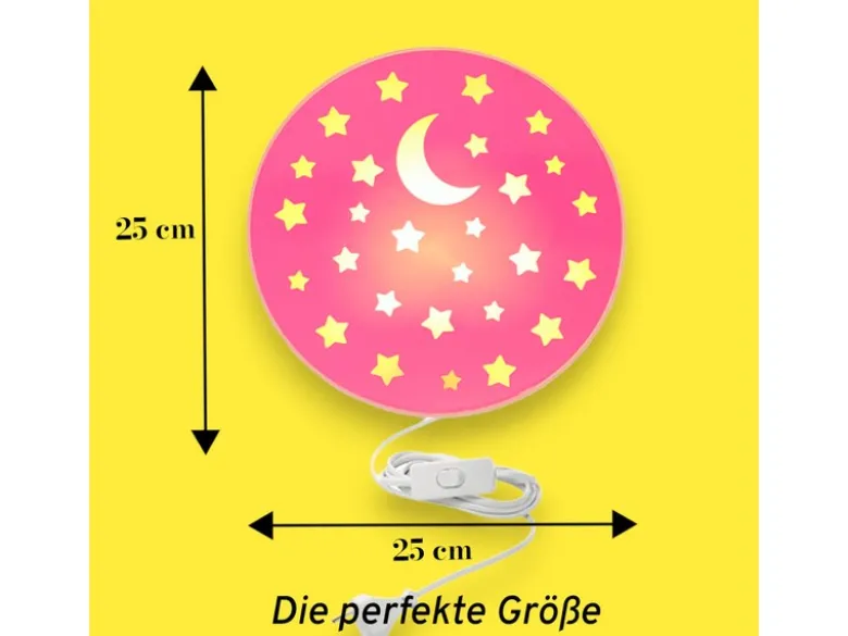 Kinderzimmer Wandlampe mit Mond & Sternen Rosa, Schalter & Stecker Ø25cm