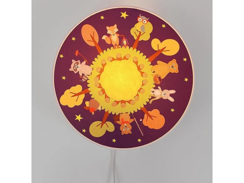 Kinderzimmer Wandlampe mit Wald Motiven, Schalter und Stecker, Ø 25cm