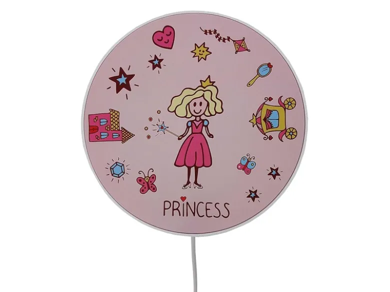 Kinderzimmer Wandlampe Rosa mit Motiv Prinzessin, Schalter & Stecker, Ø 25cm