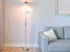 Klassischer LED Deckenfluter mit Leselampe in Silber matt, Höhe 181,5cm