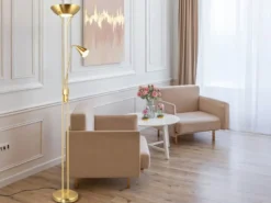 Klassischer LED Deckenfluter mit Leselampe in Messing matt, Höhe 181,5cm