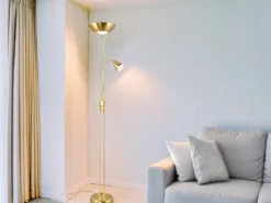 Klassischer LED Deckenfluter mit Leselampe in Messing matt, Höhe 181,5cm