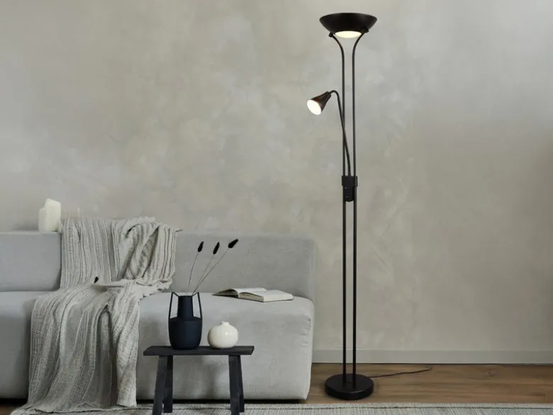 Klassischer LED Deckenfluter mit Leselampe in Schwarz matt, Höhe 181,5cm