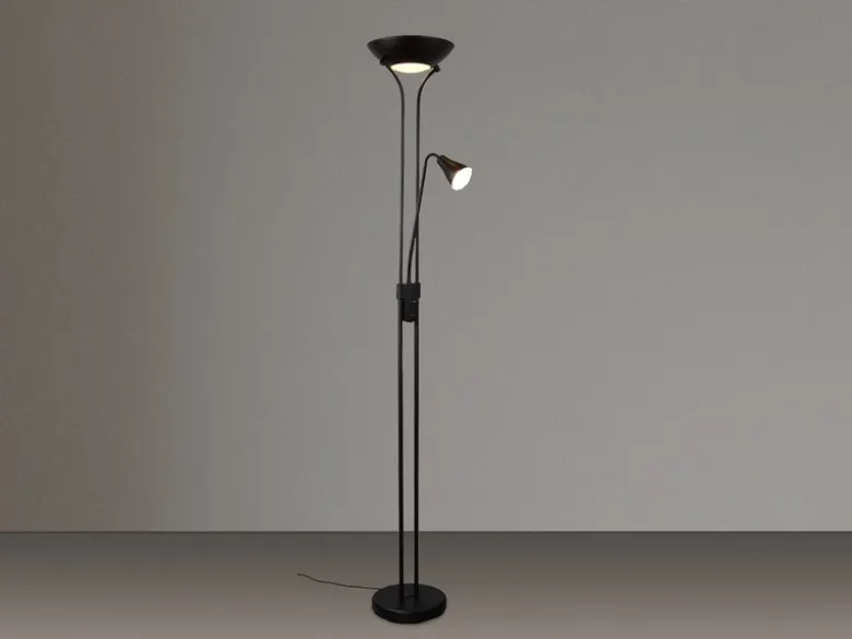 Klassischer LED Deckenfluter mit Leselampe in Schwarz matt, Höhe 181,5cm