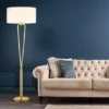 Klassische Stehlampe Messing & Stoff Lampenschirm Weiß mit E27 LED, Höhe 160cm