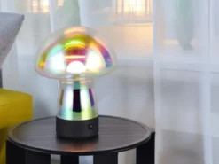 Kleine Akku Tischlampe DOOLEY aus irisierendem Glas, Höhe 18cm