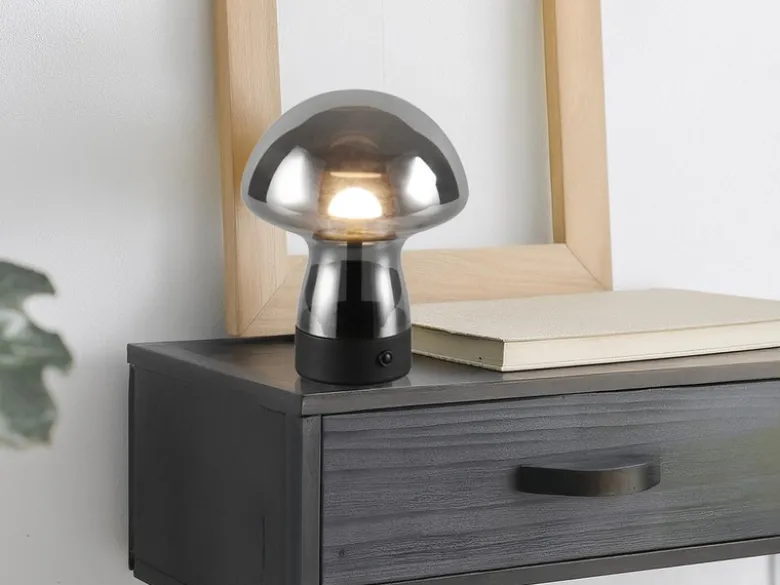 Kleine Akku Tischlampe DOOLEY aus Rauchglas, Höhe 18cm