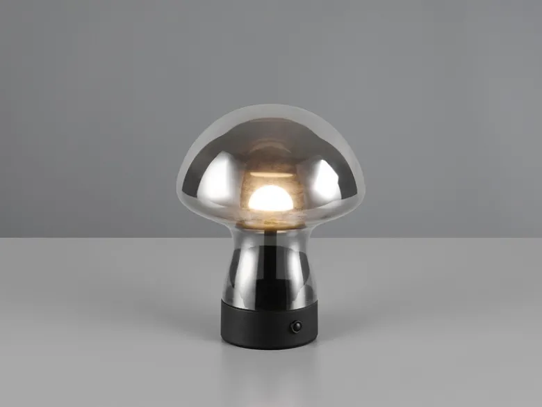 Kleine Akku Tischlampe DOOLEY aus Rauchglas, Höhe 18cm