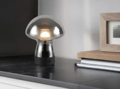 Kleine Akku Tischlampe DOOLEY aus Rauchglas, Höhe 18cm
