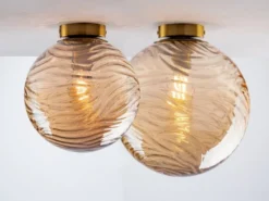 Kleine Deckenleuchte NEREIDE Glaskugel Wellenmuster Champagner, Ø 25cm