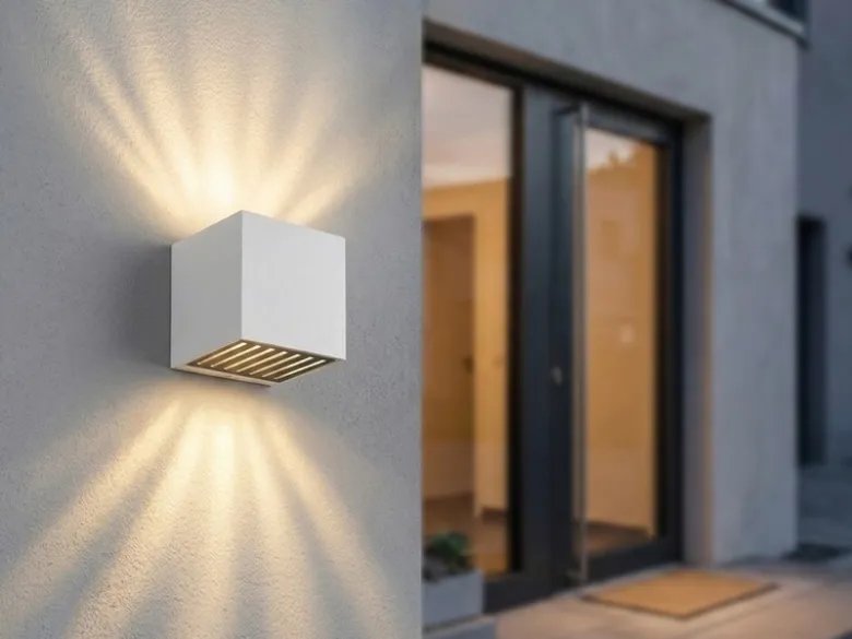 Kleine LED Außenwandleuchte ILLI Würfel aus Aluminium in Weiß, 10x10cm