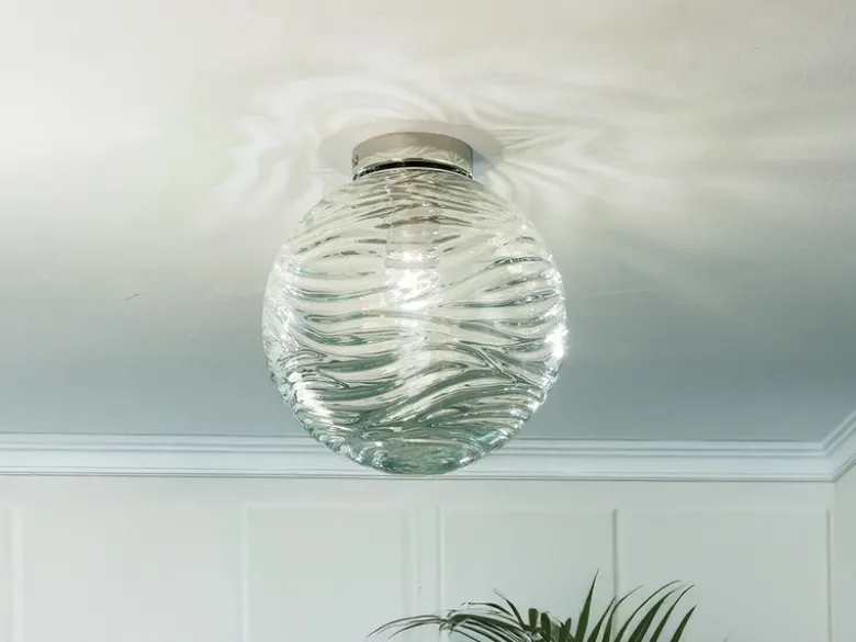 Kleine LED Deckenleuchte Glaskugel Wellenmuster Transparent, Ø25cm