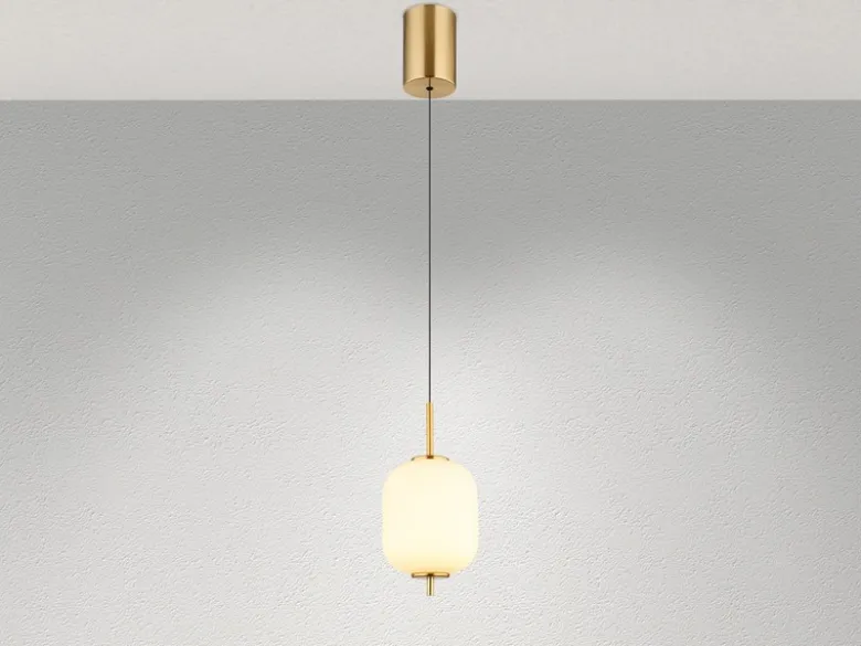 Kleine LED Pendelleuchte EWALD 1-flammig aus Metall Messing & Opalglas, Ø 13,5cm