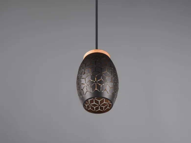 Kleine LED Pendelleuchte in Schwarz/Gold mit ausgefallenem Stanzmuster, Ø 15cm