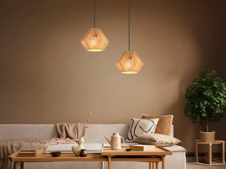 Kleine LED Pendelleuchte mit Lampenschirm aus geflochtenem Papiergarn, Ø 20cm
