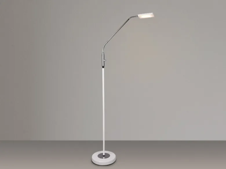 Kleine LED Stehlampe SANDOR Leselampe dimmbar aus Metall Weiß & Chrom Höhe 130cm
